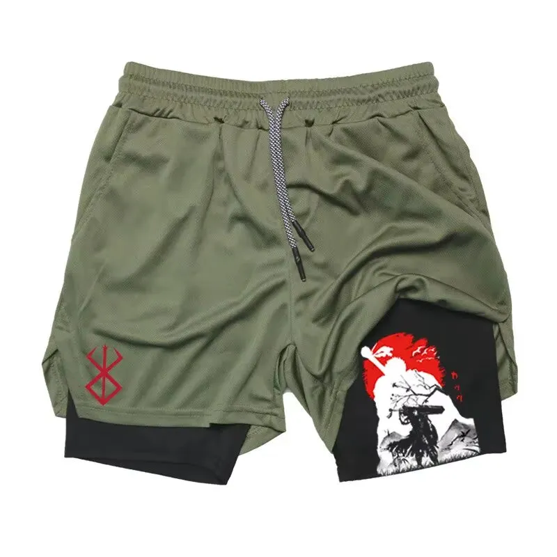 Men'S Anime Gym Shorts Bilayer 2-In-1 Breathable Sweat-Absorbent Quick Dry Workout Gym Performance Pant with Pockets