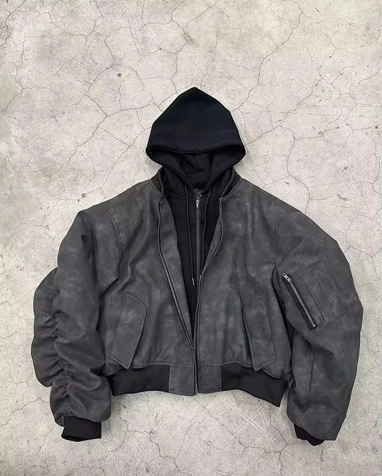 Men's Suede Hoodie Bomber Jacket