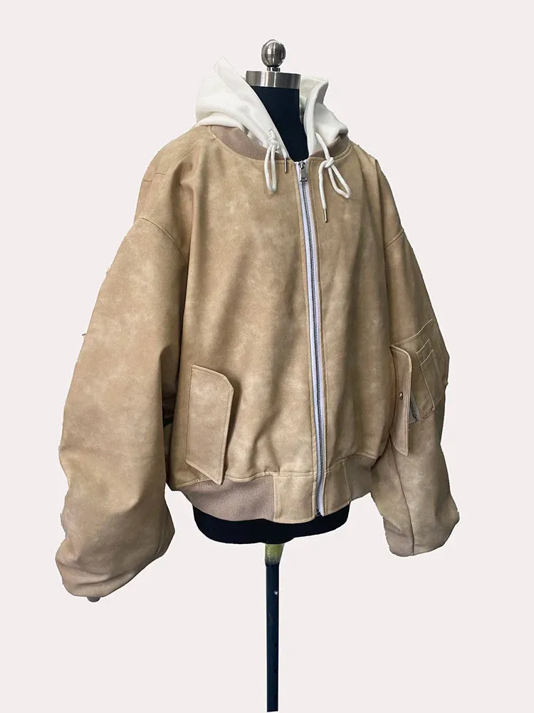 Men's Suede Hoodie Bomber Jacket