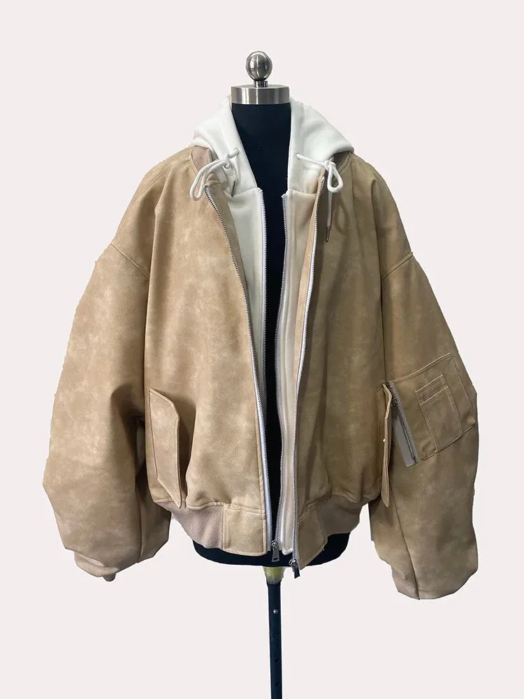 Men's Suede Hoodie Bomber Jacket