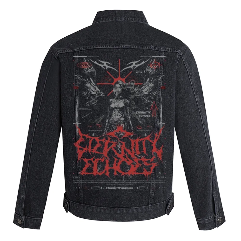 Mens Vintage Gothic Grunge Graphic Button Up Denim Jacket