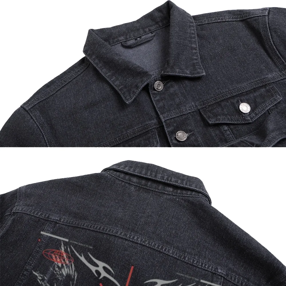 Mens Vintage Gothic Grunge Graphic Button Up Denim Jacket