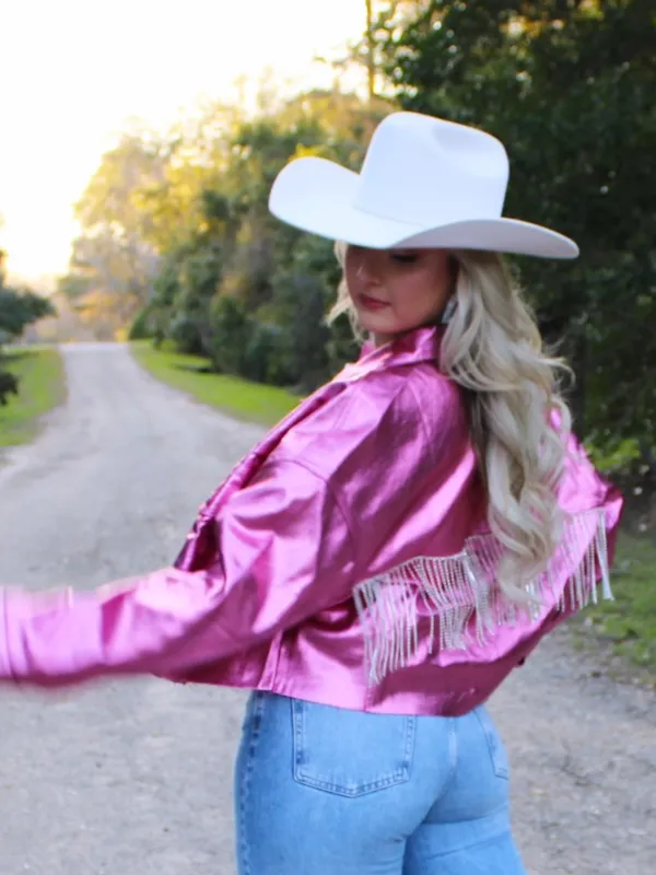 Metallic Jacket with Rhinestone Fringe, Pink