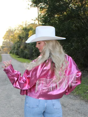 Metallic Jacket with Rhinestone Fringe, Pink