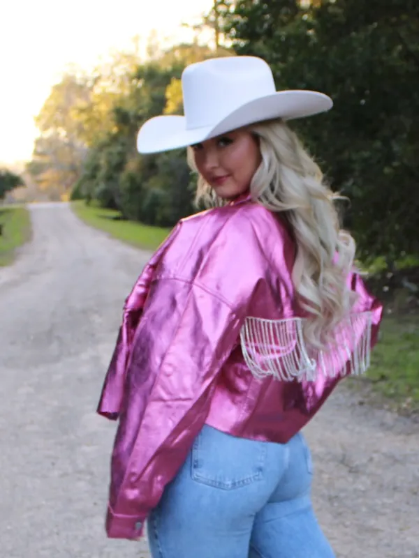 Metallic Jacket with Rhinestone Fringe, Pink