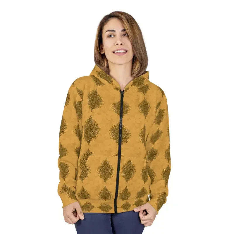 Mustard Unisex Zip Hoodie with Mandala Pattern
