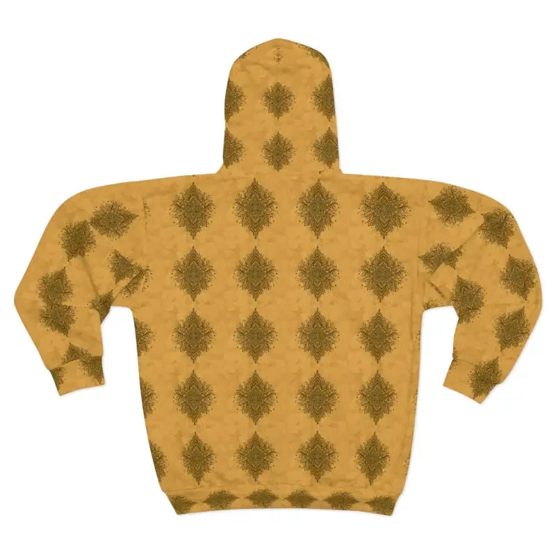 Mustard Unisex Zip Hoodie with Mandala Pattern