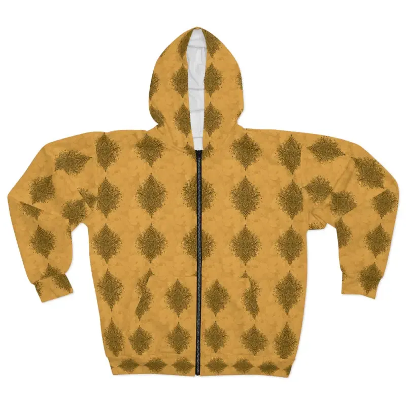 Mustard Unisex Zip Hoodie with Mandala Pattern