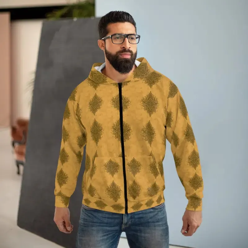 Mustard Unisex Zip Hoodie with Mandala Pattern