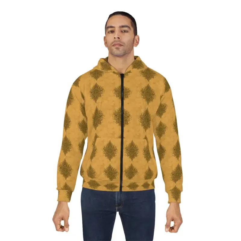 Mustard Unisex Zip Hoodie with Mandala Pattern