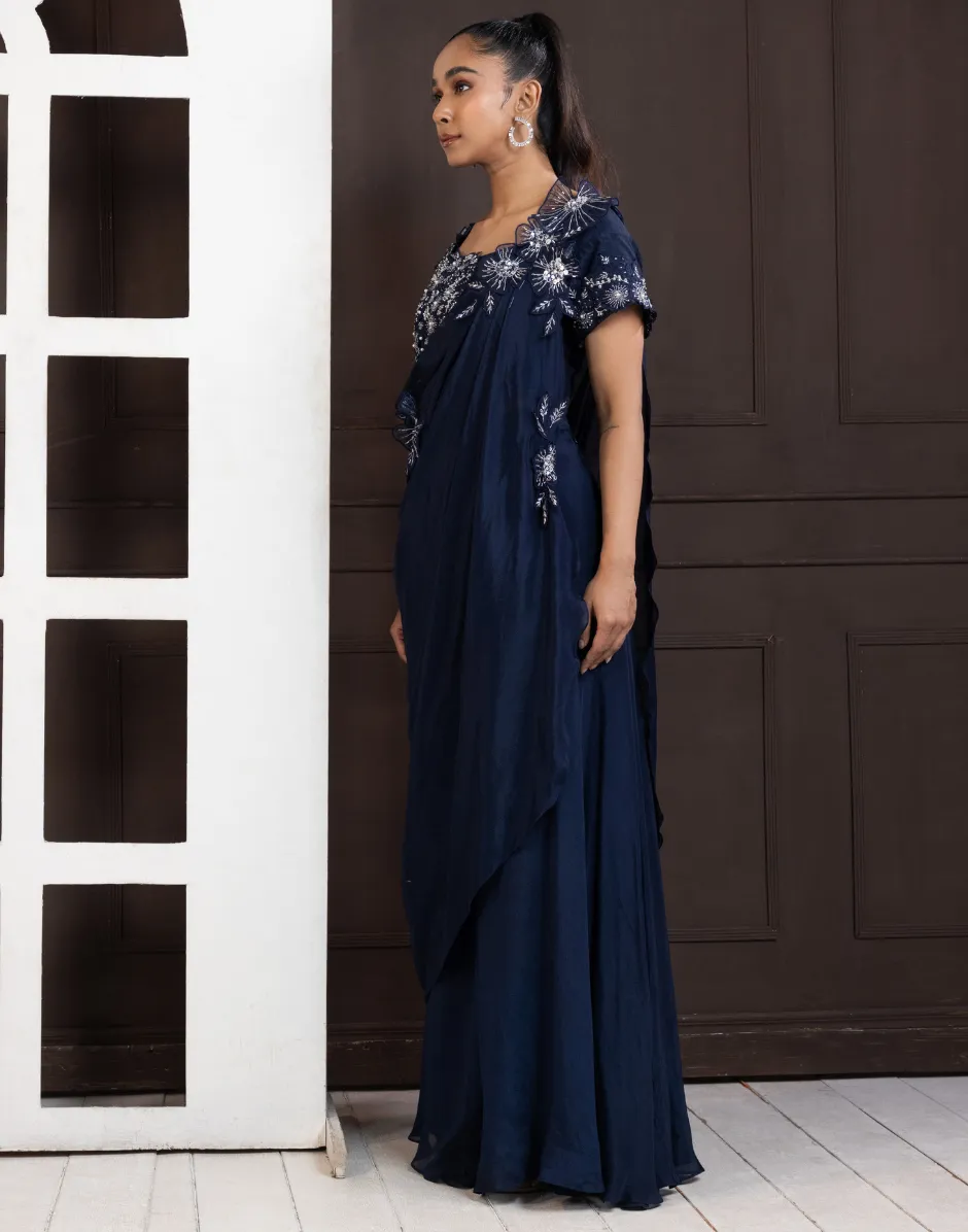 Navy Blue Blossom Drape Pant Set