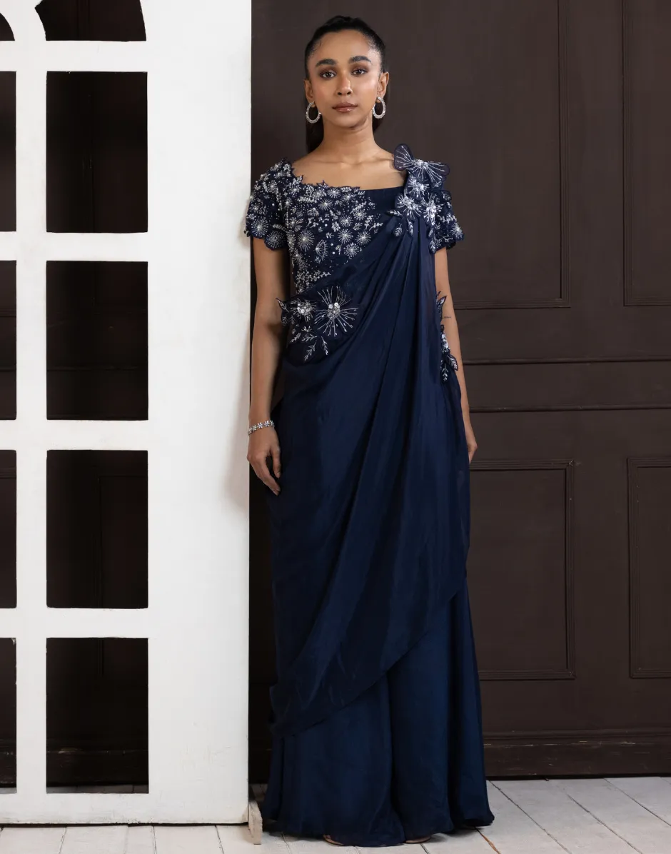 Navy Blue Blossom Drape Pant Set