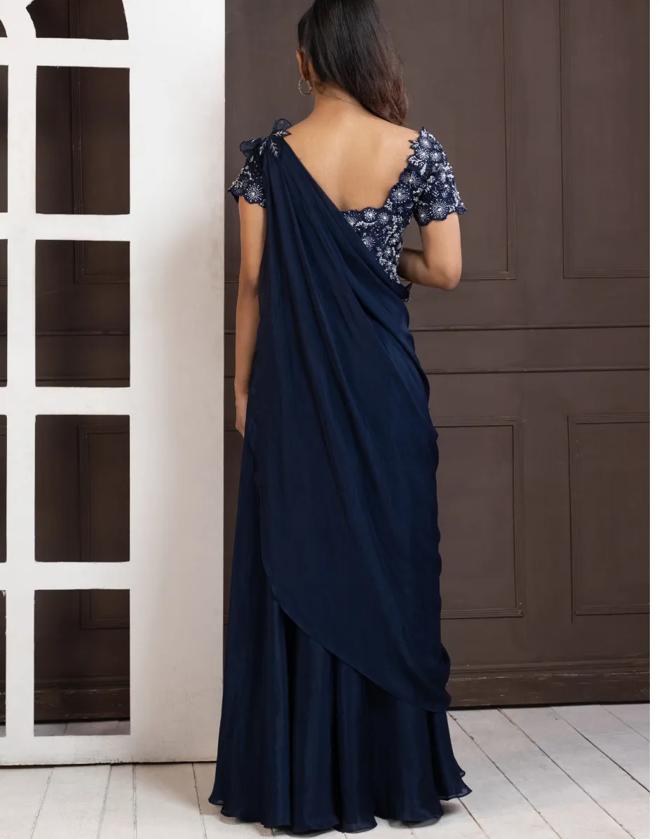 Navy Blue Blossom Drape Pant Set