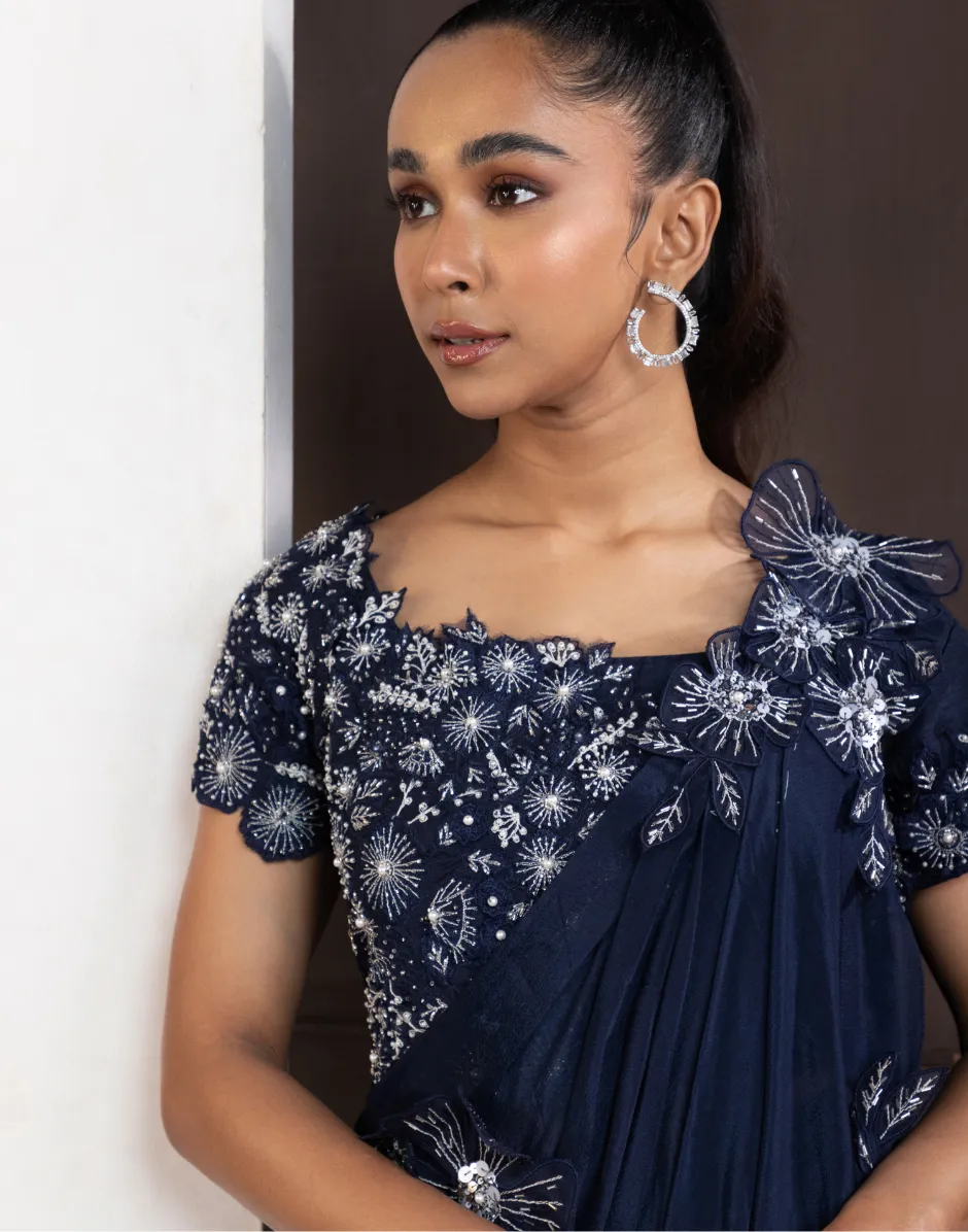 Navy Blue Blossom Drape Pant Set