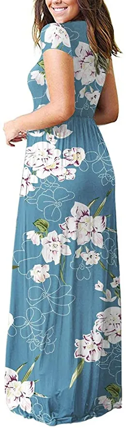 New AUSELILY Women Short Sleeve Loose Plain Casual Long Maxi Dress with Pockets in light blue floral, Sz L!