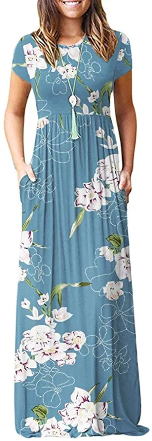 New AUSELILY Women Short Sleeve Loose Plain Casual Long Maxi Dress with Pockets in light blue floral, Sz L!
