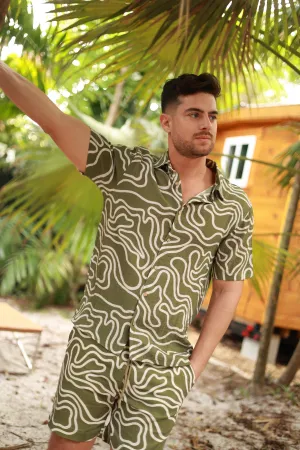 OLIVE LINEN PRINTED SHORTS