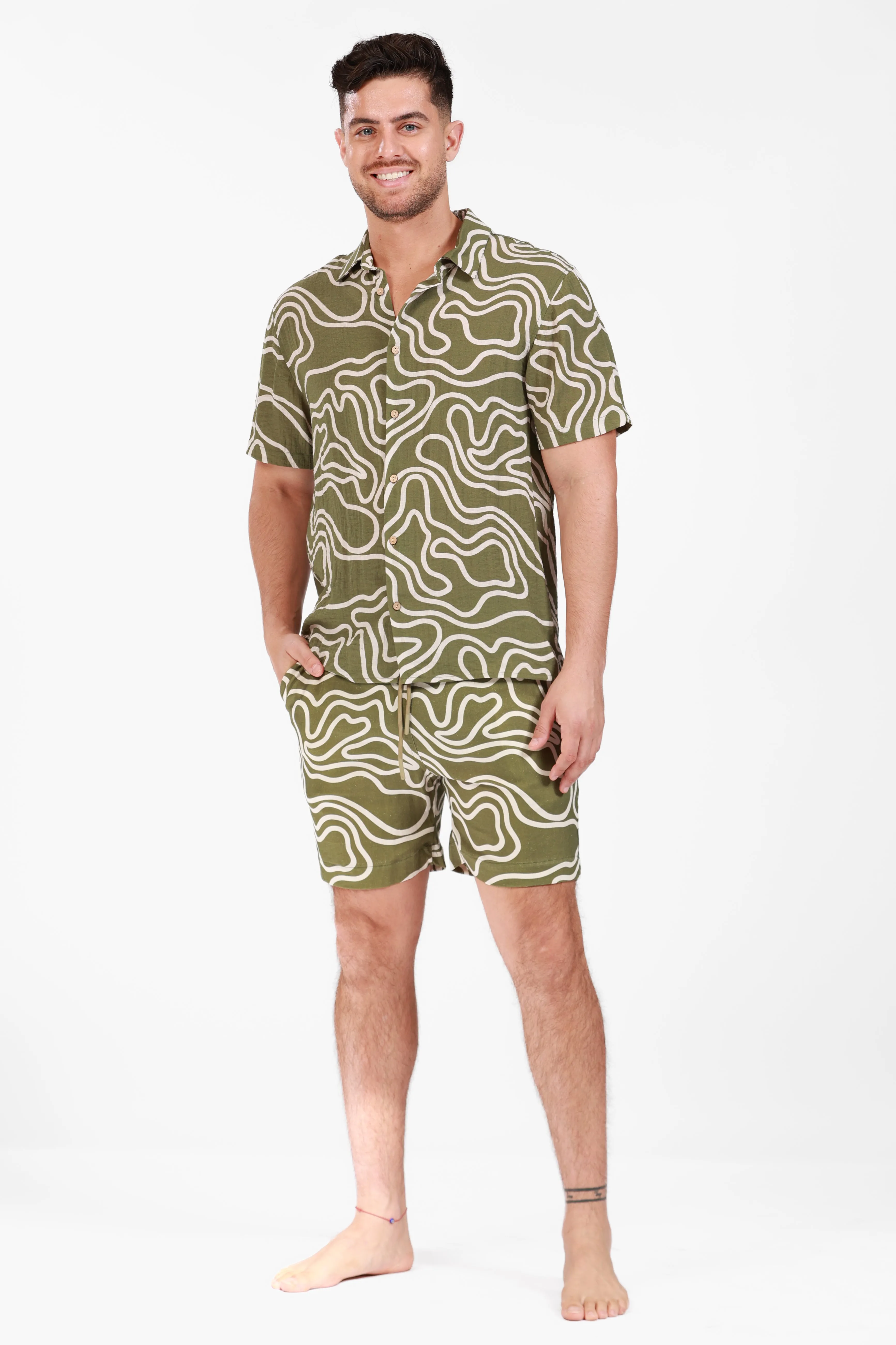 OLIVE LINEN PRINTED SHORTS