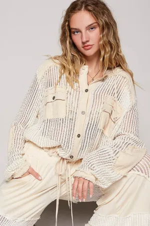 OPEN KNIT RAW EDGED BUTTON FRONT HOODIE TOP