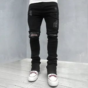 Patch Frayed Stretch Slim Fit Jeans