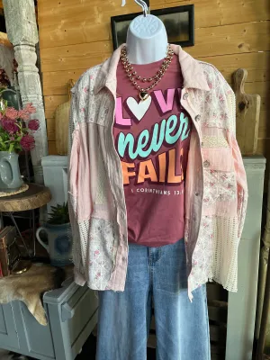 POL Clothing Balloon Sleeve Lace Trim Woven Denim Jacket
