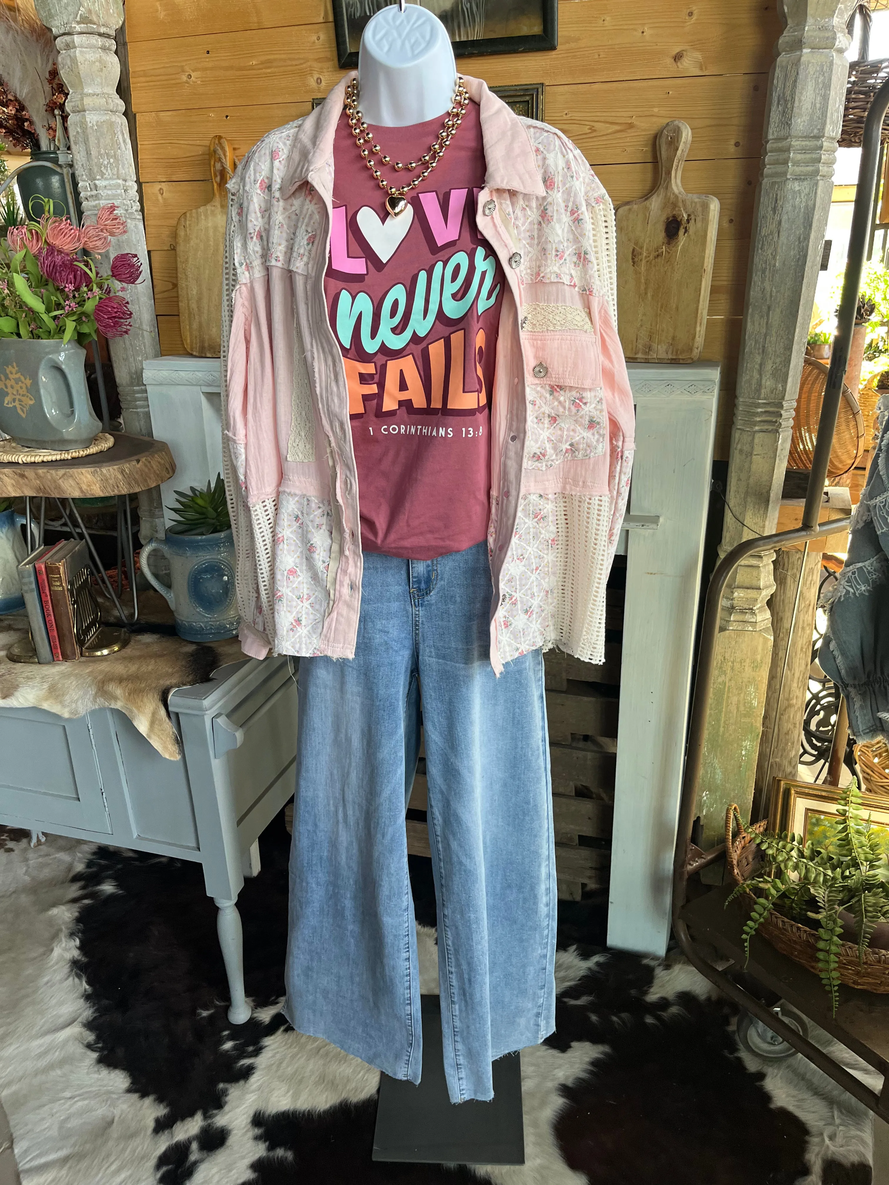 POL Clothing Balloon Sleeve Lace Trim Woven Denim Jacket