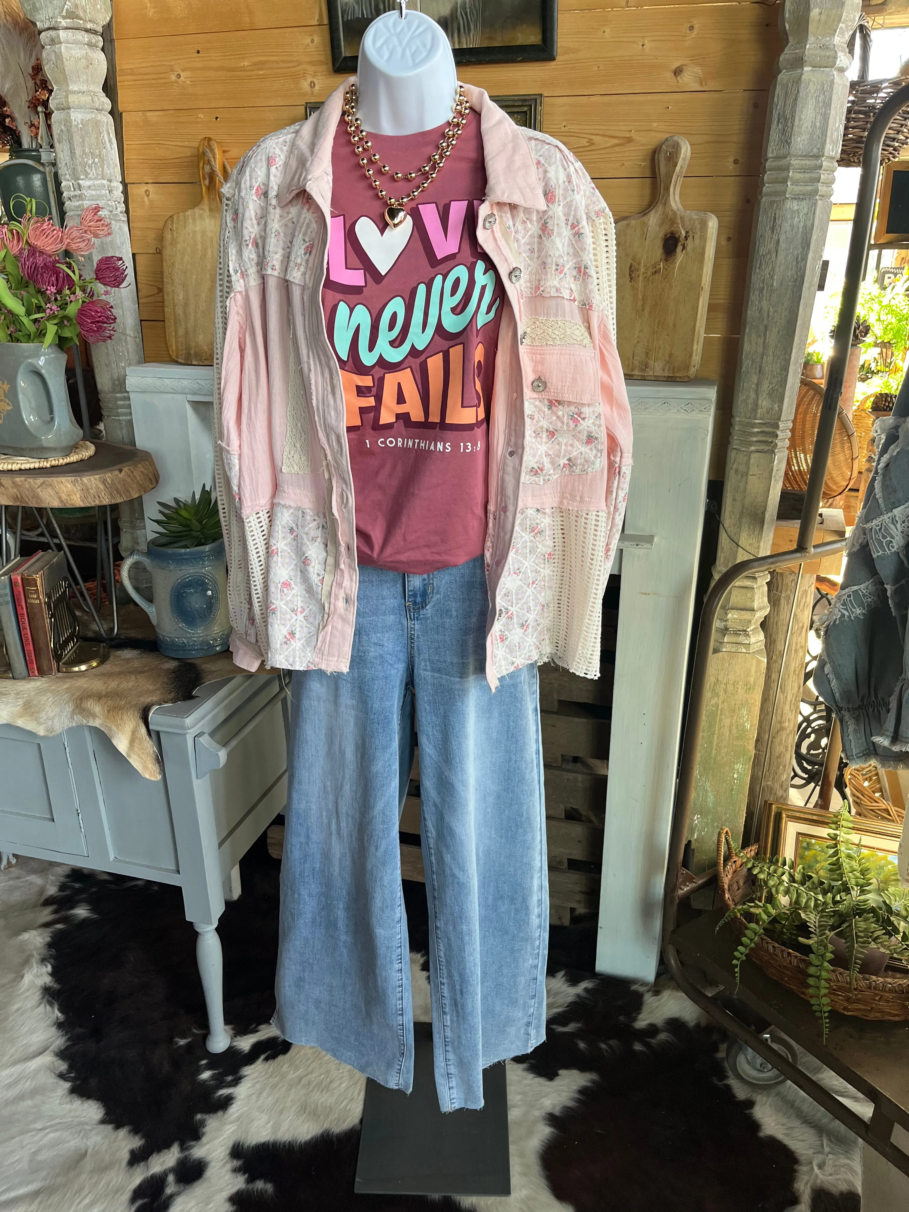 POL Clothing Balloon Sleeve Lace Trim Woven Denim Jacket