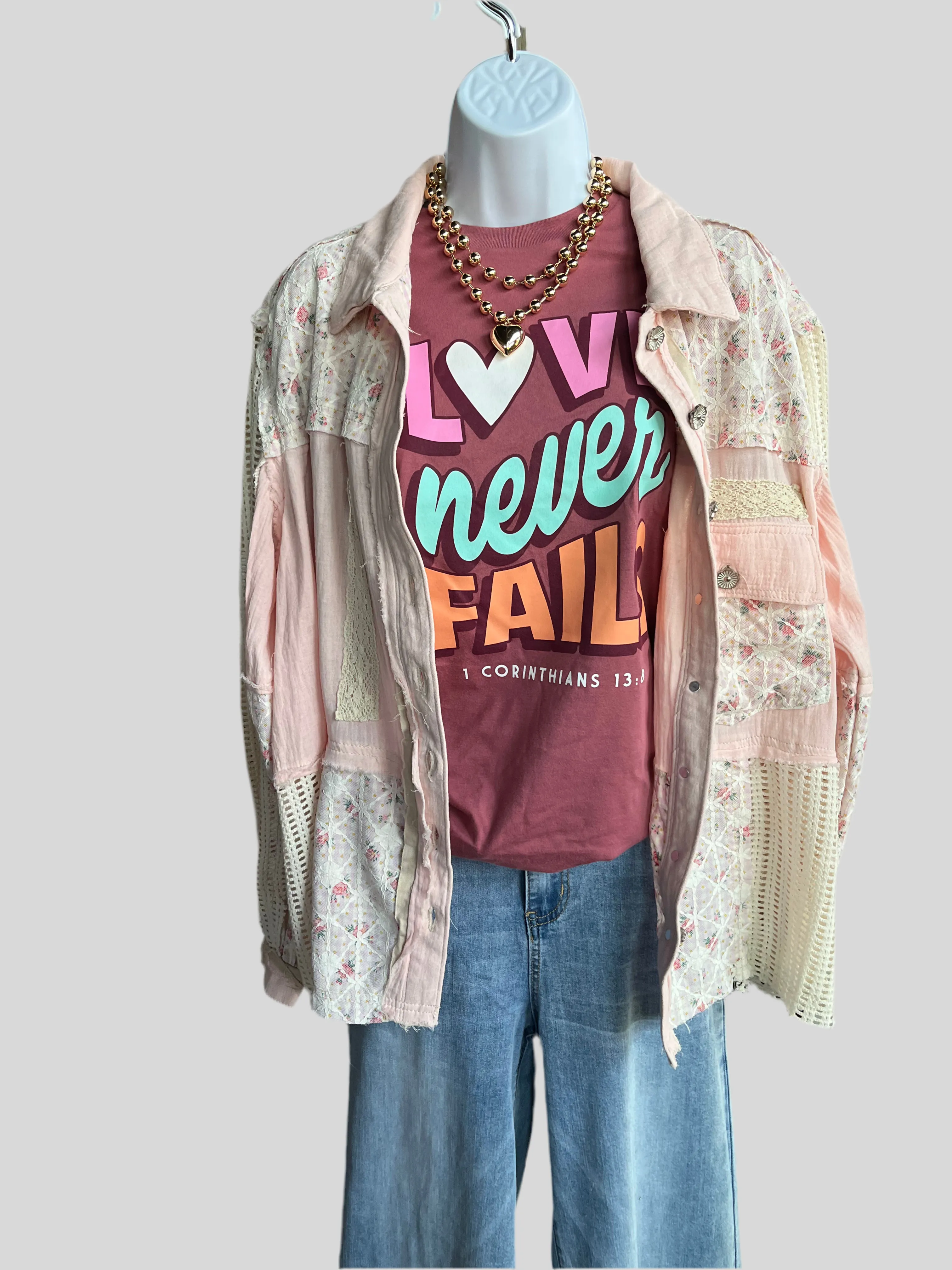 POL Clothing Balloon Sleeve Lace Trim Woven Denim Jacket