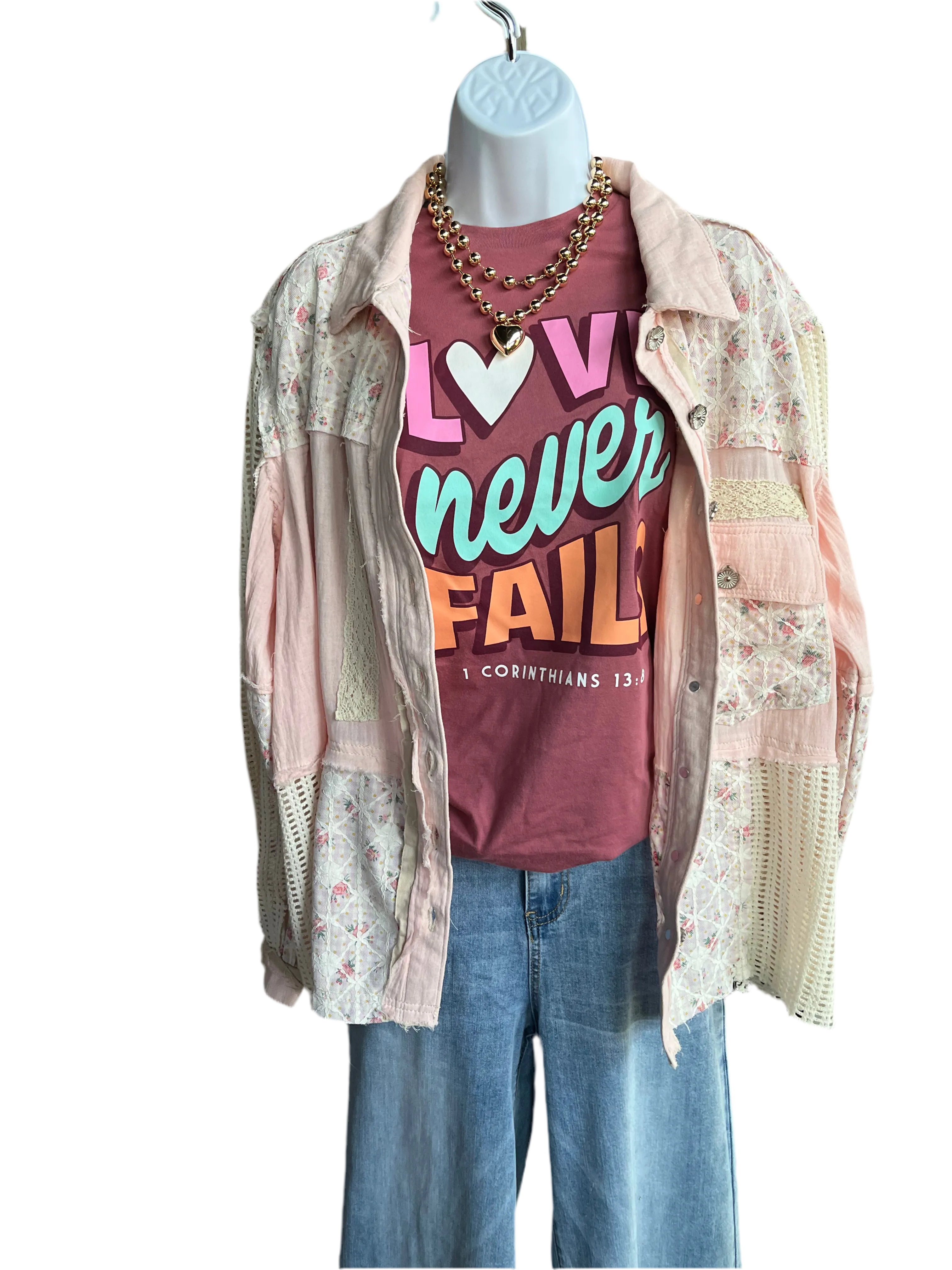 POL Clothing Balloon Sleeve Lace Trim Woven Denim Jacket
