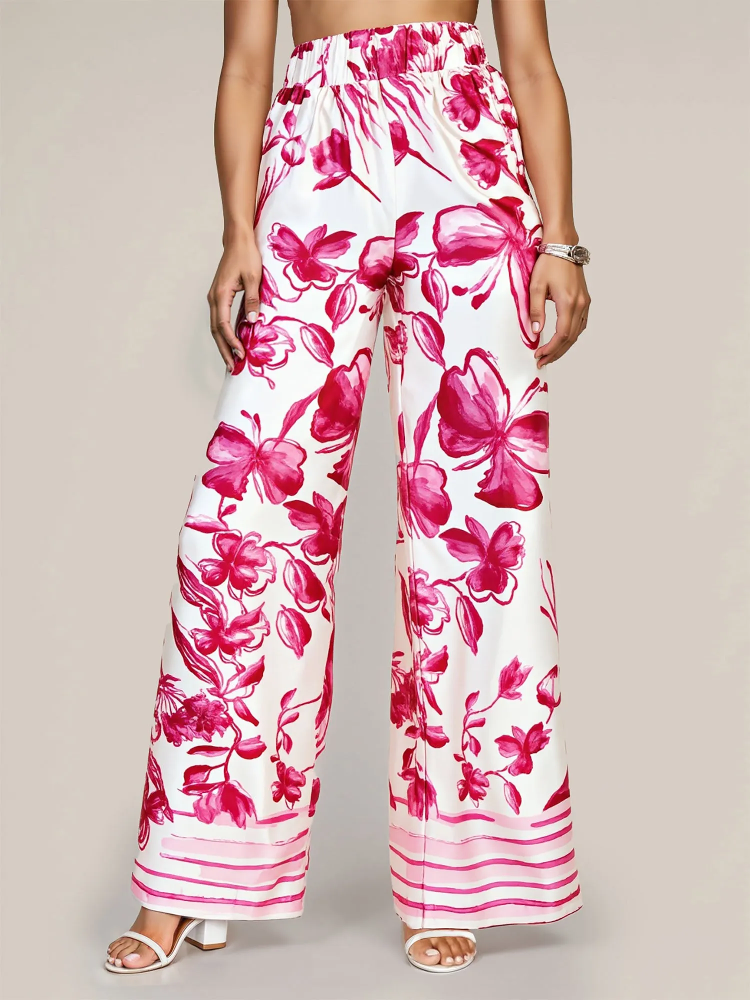 Pull On Floral Satin Wide Leg Pants