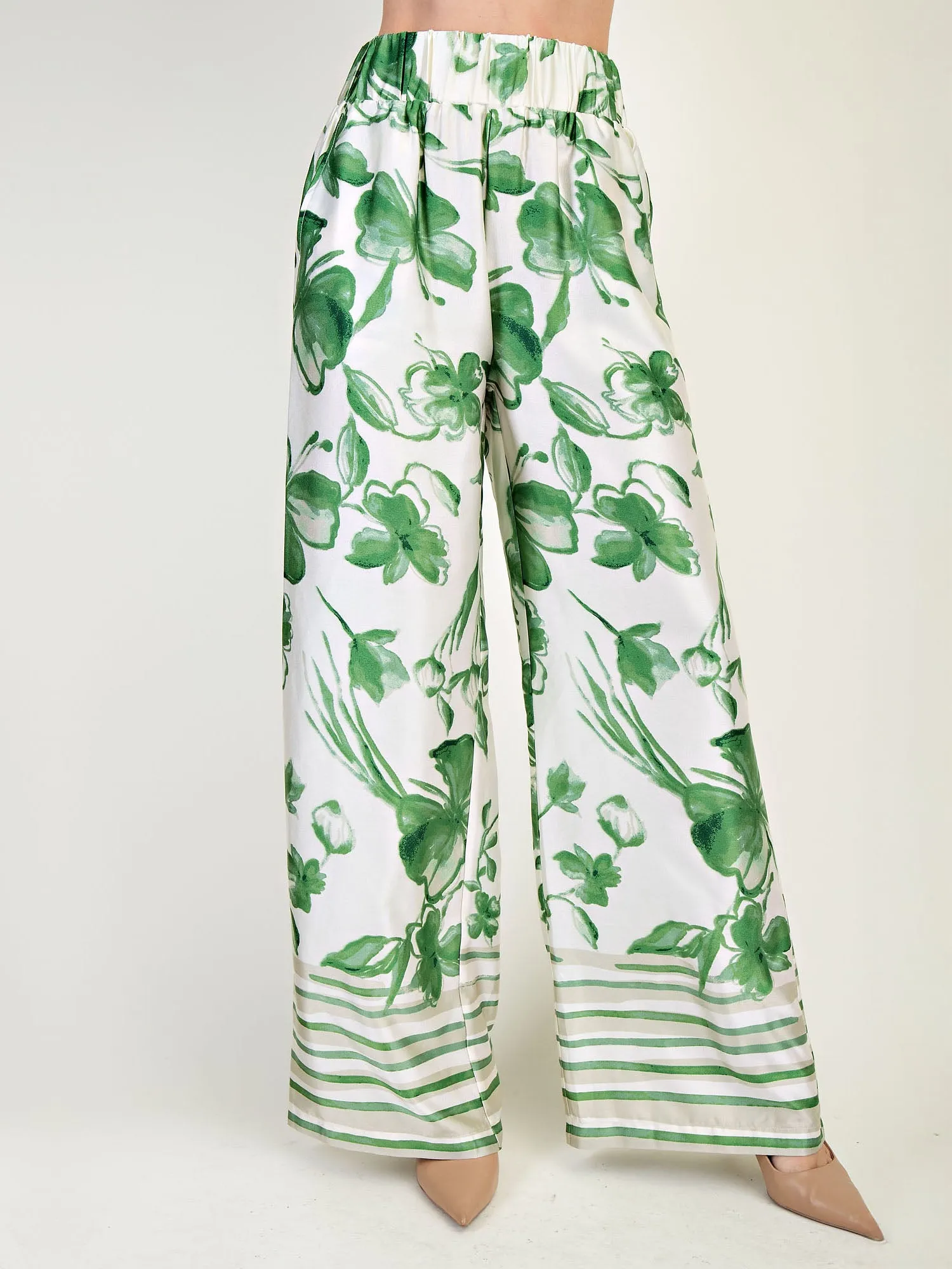 Pull On Floral Satin Wide Leg Pants