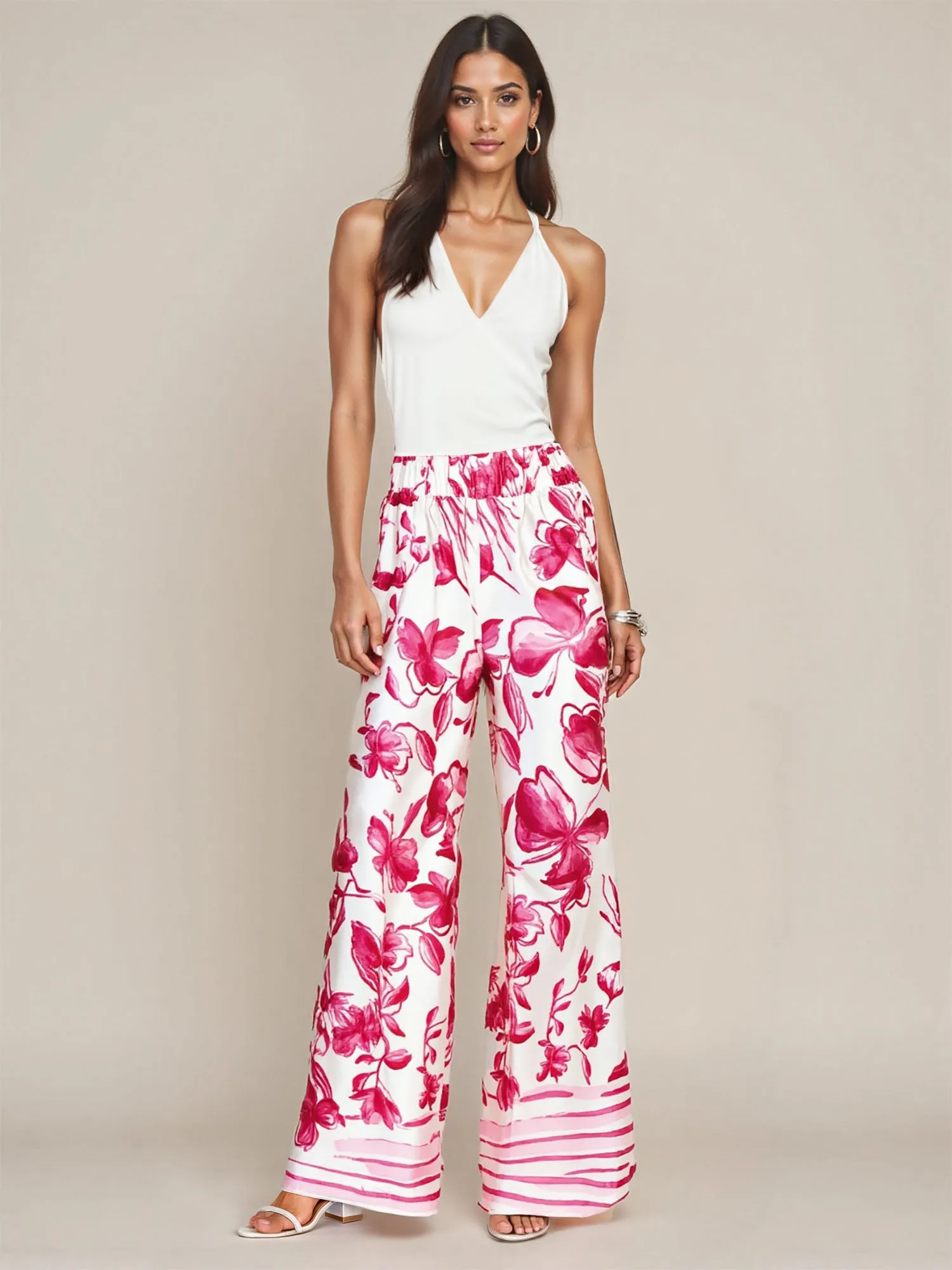 Pull On Floral Satin Wide Leg Pants