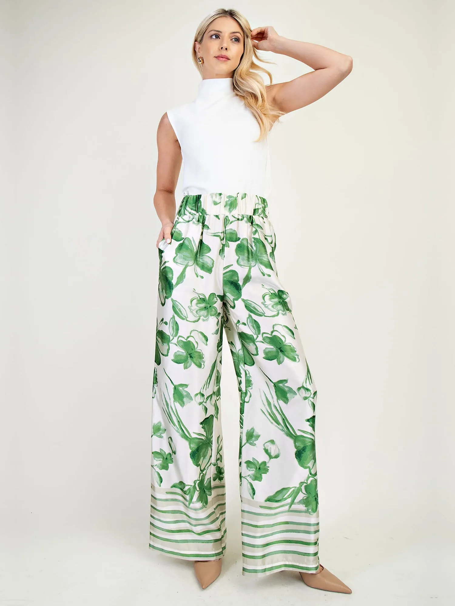 Pull On Floral Satin Wide Leg Pants