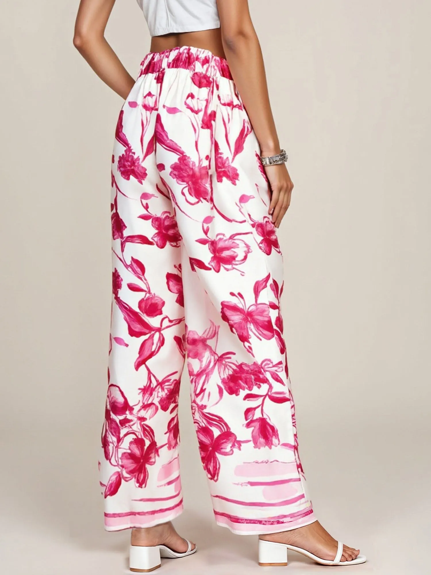 Pull On Floral Satin Wide Leg Pants
