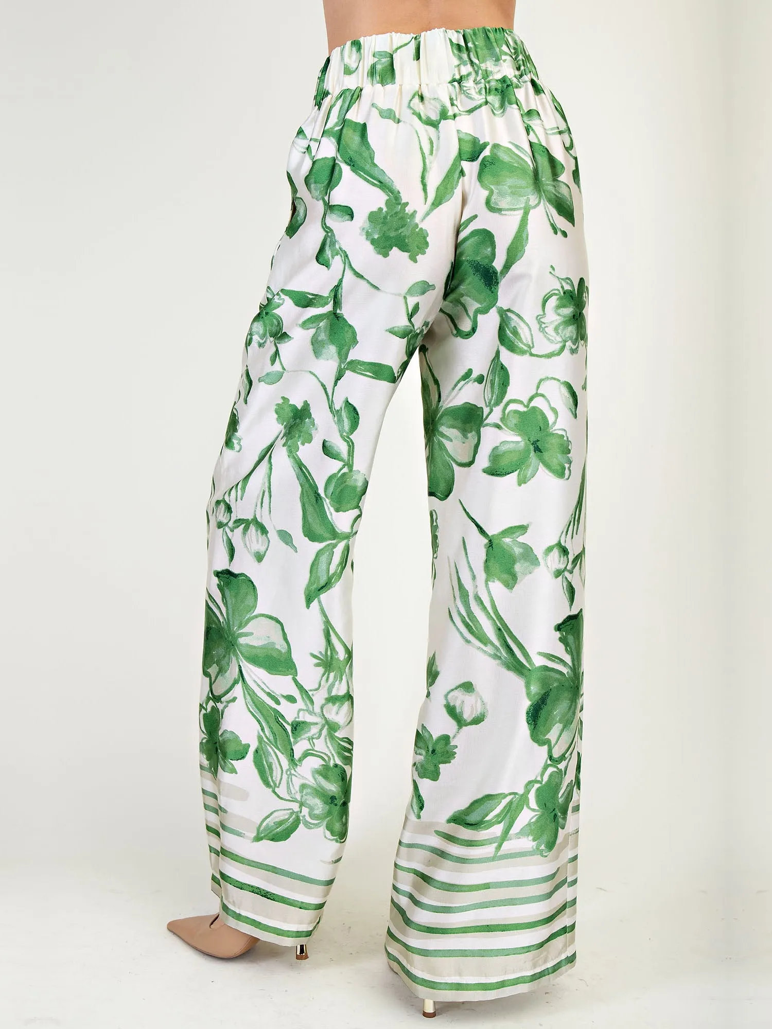 Pull On Floral Satin Wide Leg Pants