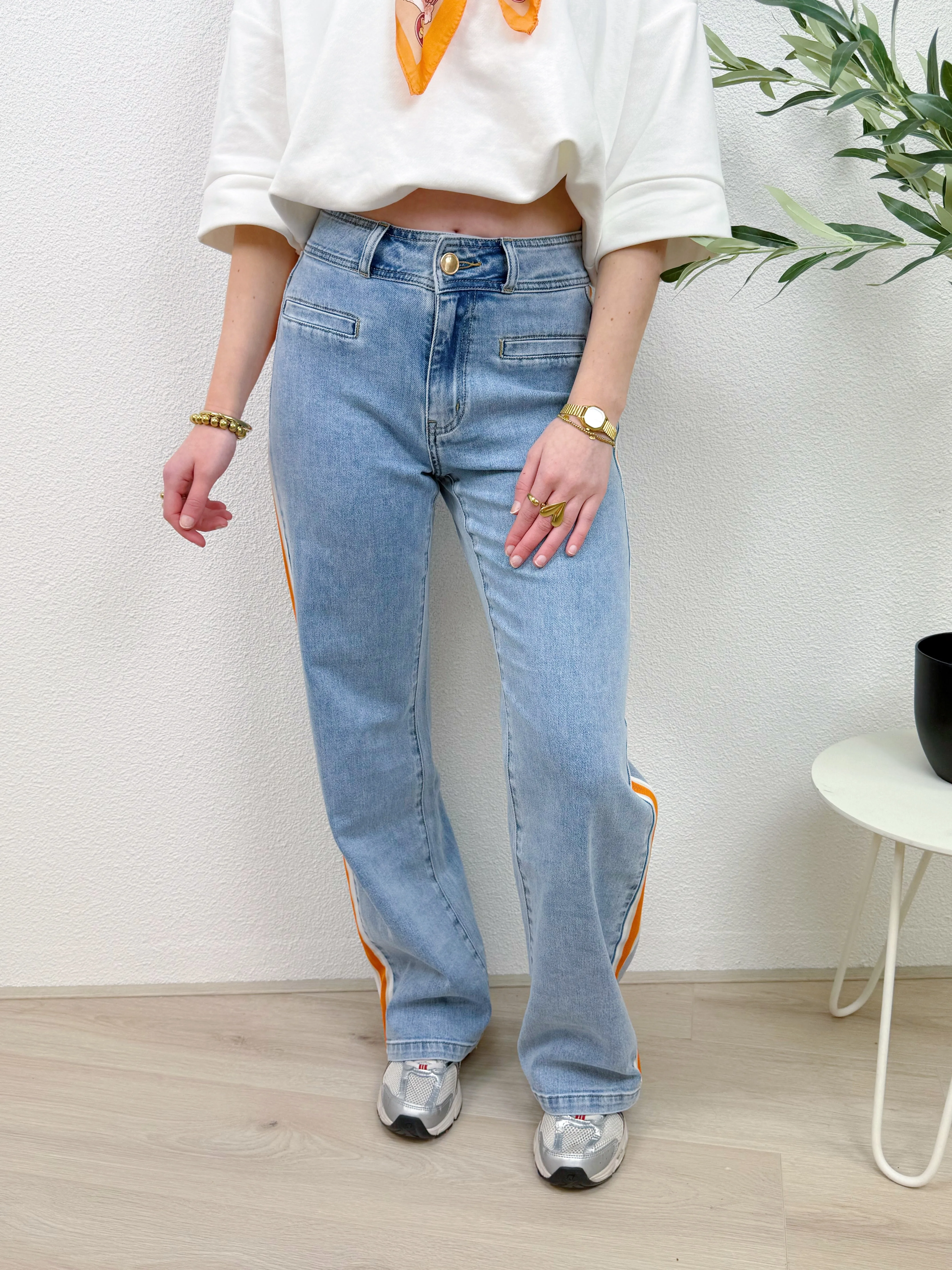 Q155 STRIPED WIDE LEG JEANS | BLAUW/ORANJE