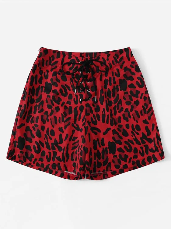 Red Leopard Straps Casual Shorts