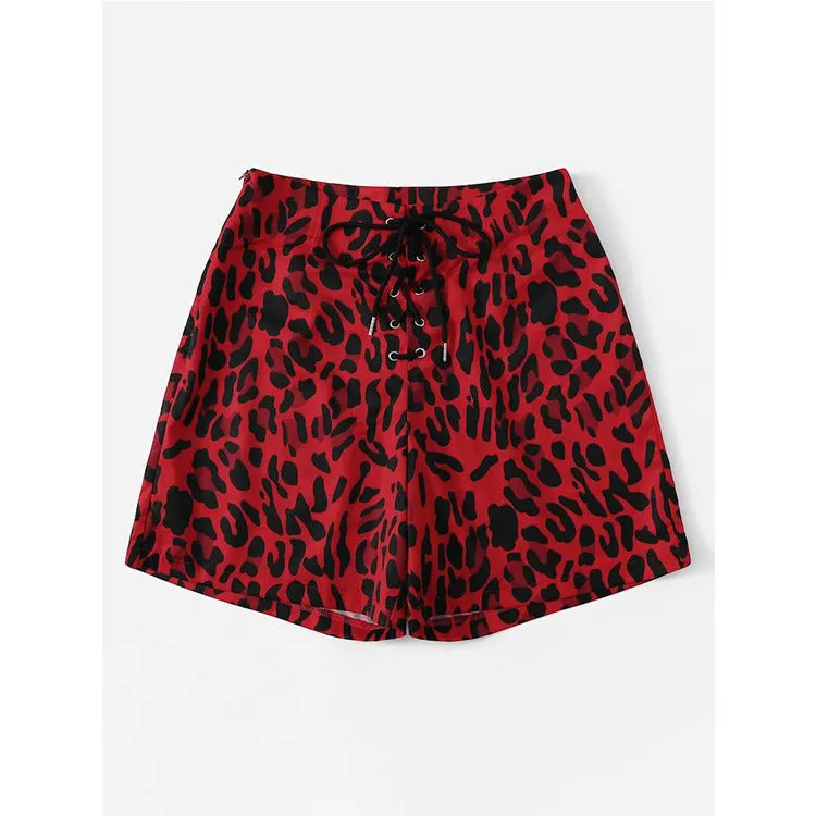 Red Leopard Straps Casual Shorts