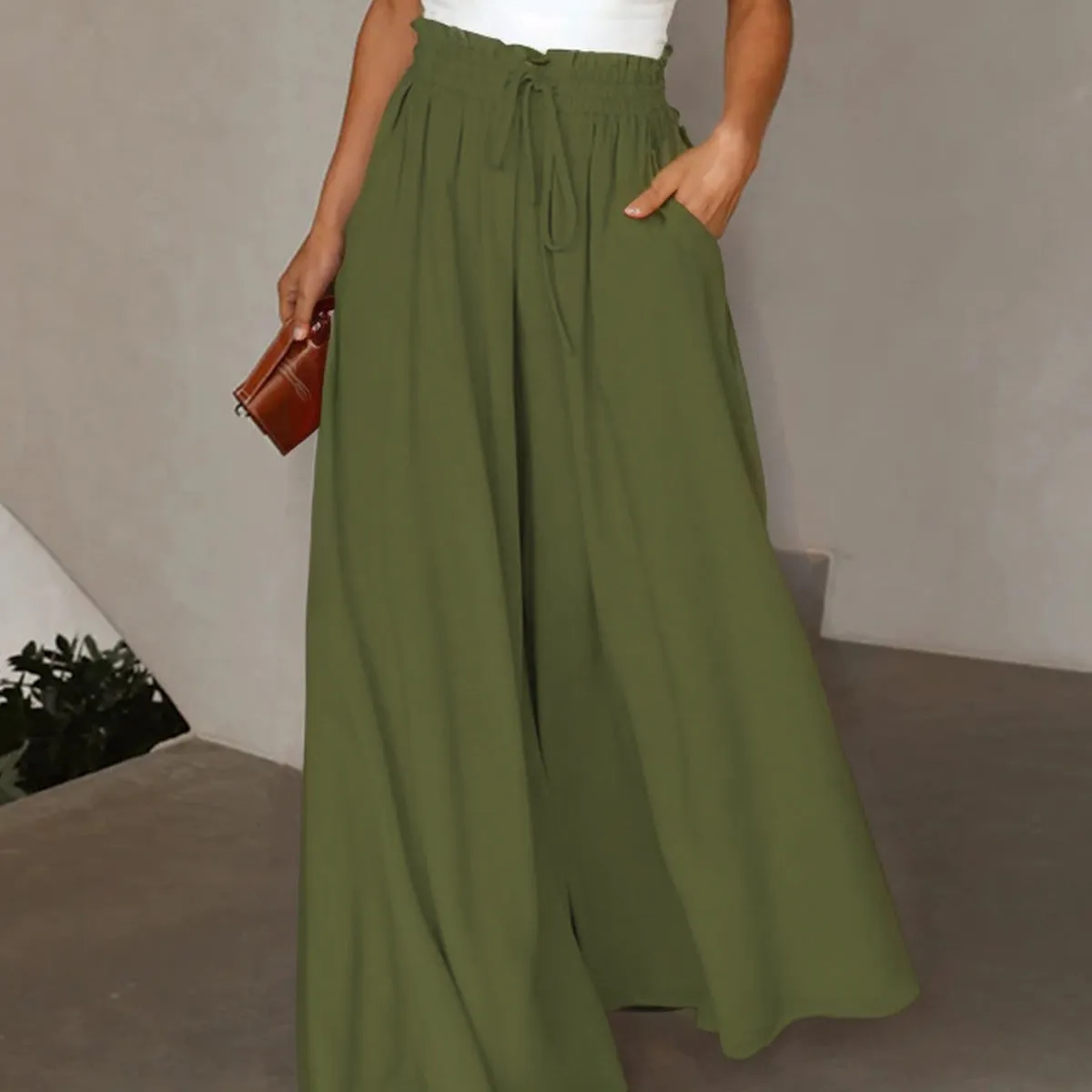 Relaxed High-Waist Drawstring Flowy Wide-Leg Palazzo Pants