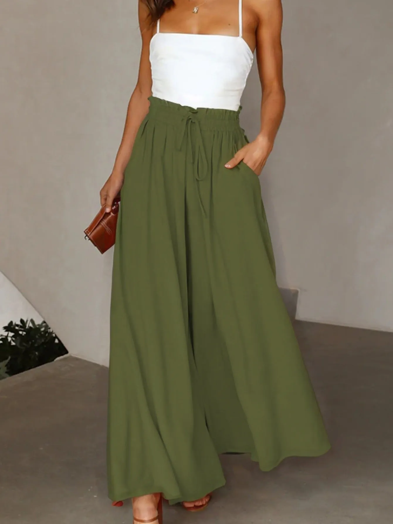 Relaxed High-Waist Drawstring Flowy Wide-Leg Palazzo Pants