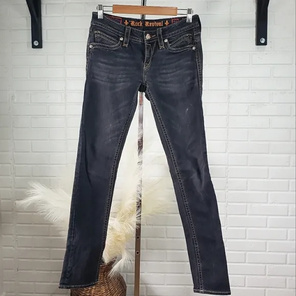 Rock Revival Trina Skinny Low Rise Jeans in Washed Black size 28