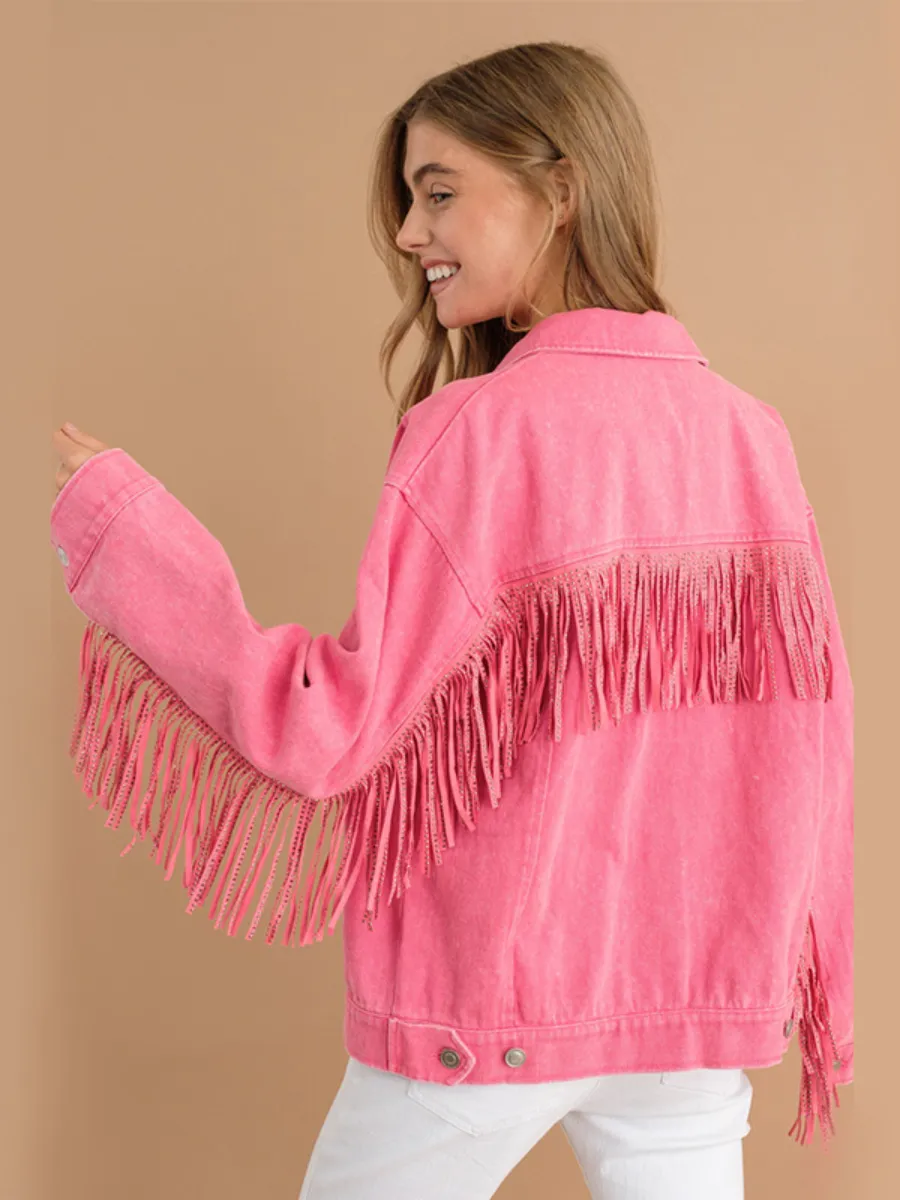 Sequin Tassel Wing Retro Denim Jacket - Pink