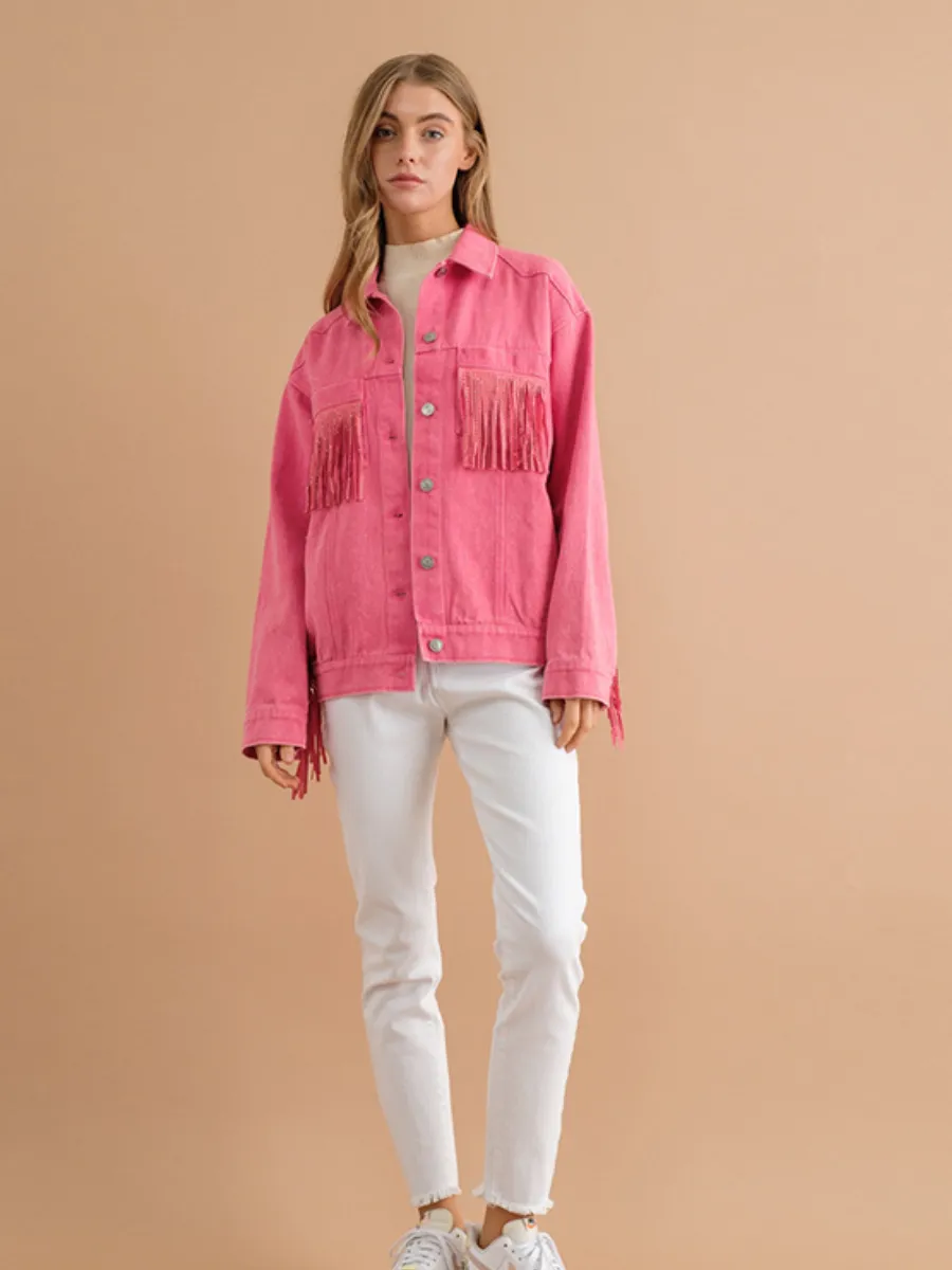 Sequin Tassel Wing Retro Denim Jacket - Pink