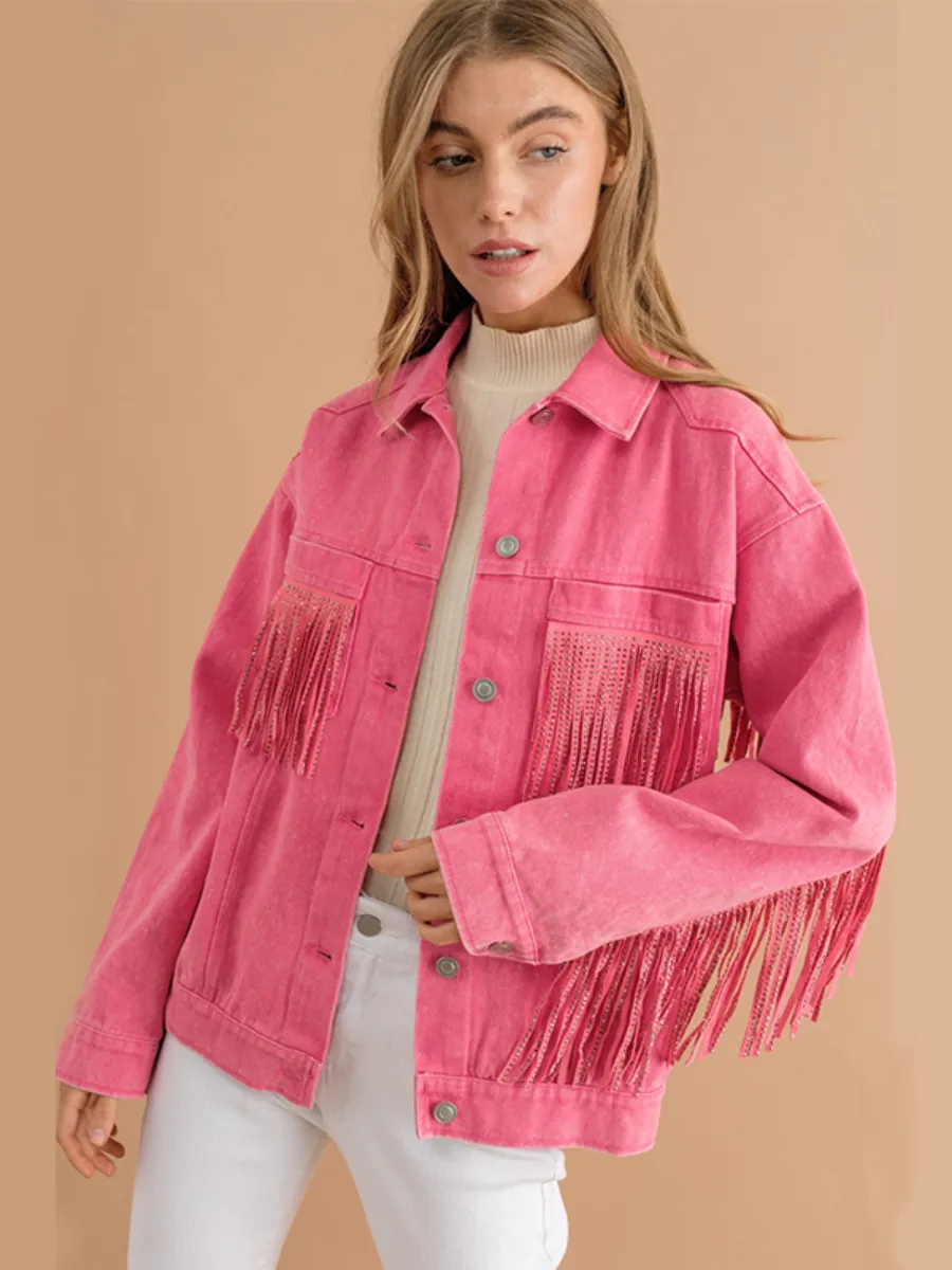 Sequin Tassel Wing Retro Denim Jacket - Pink