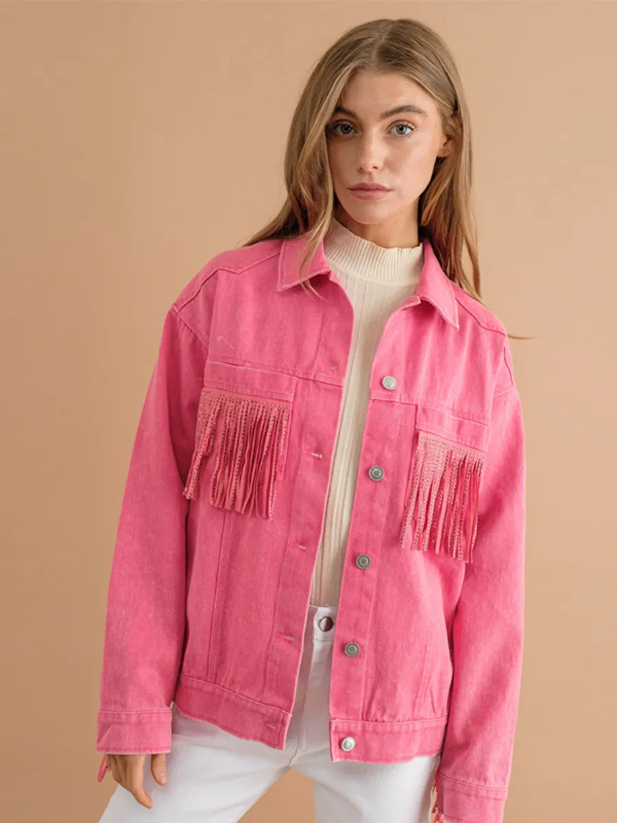 Sequin Tassel Wing Retro Denim Jacket - Pink