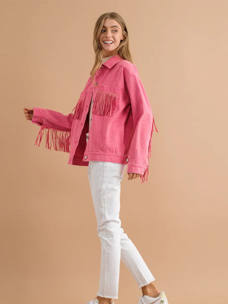 Sequin Tassel Wing Retro Denim Jacket - Pink