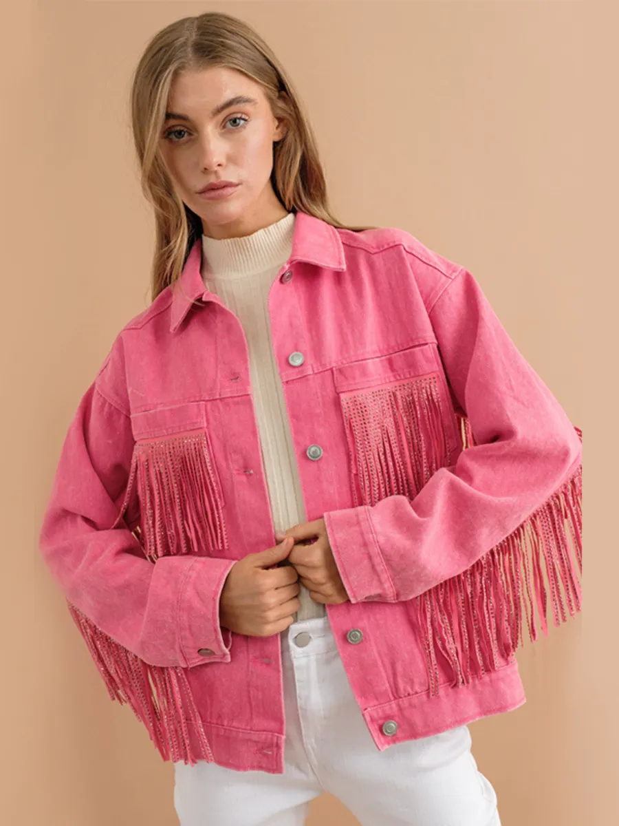Sequin Tassel Wing Retro Denim Jacket - Pink