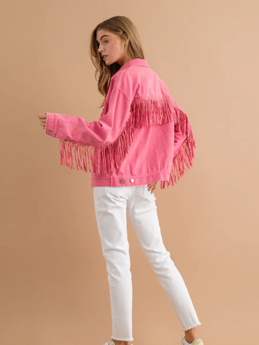 Sequin Tassel Wing Retro Denim Jacket - Pink