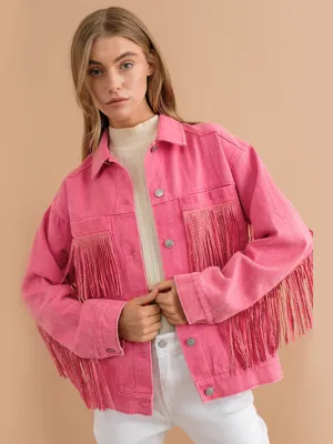 Sequin Tassel Wing Retro Denim Jacket - Pink