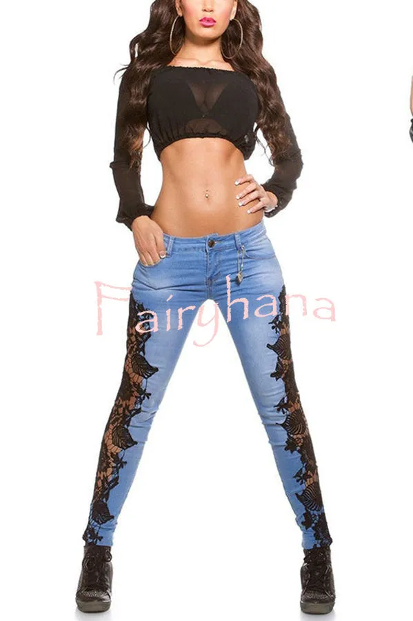 Sexy Side Lace Crochet Appliques Stretch Jeans